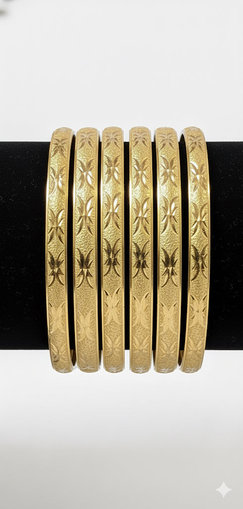 Traditional Floral Gold Bangle Stack ( Pack Of 6 )